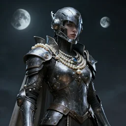 of a hyper realistic digital art portrait of a cyberpunk war cleric in a futuristic pearl armor, tech helmet, dark gloomy environment two moons