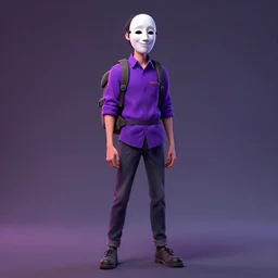 detailed character full body portrait of a skinny androgynous merchant mask salesman backpack smirking purple button shirt on smoky neon background artgerm greg rutkowski mucha