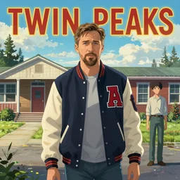 Twin Peaks poster artwork by Michael Whelan and Tomer Hanuka, Rendering of Ryan Gosling in letterman jacket standing near the old high school from scene from Twin Peaks, full of details, by Makoto Shinkai and thomas kinkade, Matte painting, trending on artstation and unreal engine