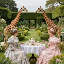 elegant victorian tea party with giraffes in a topiary english garden, hyper realistic hieronymus bosch - h 7 6 8
