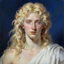 a striking hyper real painting of Apollo by Yoji Shinkawa. pale long blond curly hair beautiful androgynous man