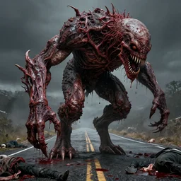 Giant fanged limb monster walks in the road. Drops of blood and meat with veins. There are dead bodies on the road. Dark colors, high detail, hyperrealism, horror art, intricate details, masterpiece, biopunk, body-horror, art by Ayami Kojima, Beksinski, Giger
