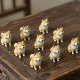 a collection of tiny ancient chinese shiba inu figurine made of porcelain, laid out on an ancient wooden table