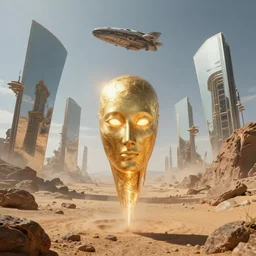 levitating glowing bene gesserit with full - face golden mask and glowing eyes in a dry rocky desert landscape, sunny atmosphere, fata morgana giant mirrors, portal, death stranding. spaceship in the sky by christopher doyle and alejandro jodorowsky, anamorphic lens, kodakchrome, cinematic composition, practical effects, very detailed photo, complex structures, 8 k,