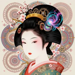 a headshot of a geisha offset in the frame, surrounded by fractals, mandalas, cherry blossoms, hadron collider technology, metal gears, swirling bioluminescent energy, art by peter mohrbacher and dan mumford