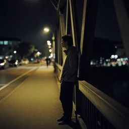 side view lomo photo of a man standing on an old bridge, cinestill, bokeh, out of focus, night, dramatic lighting