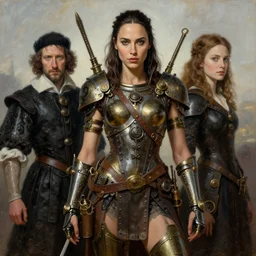 oil painting highly detailed steampunk gal gadot, iron age : leonardo da vinci, greg rutkowski, magali villeneuve