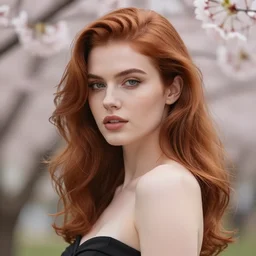 photo of a gorgeous female with auburn hair in the style of stefan kostic, realistic, half body shot, sharp focus, 8 k high definition, insanely detailed, intricate, elegant, art by stanley lau and artgerm, extreme blur cherry blossoms background