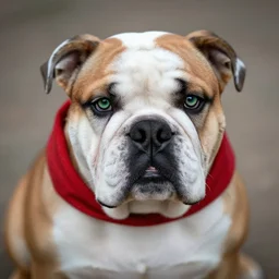 portrait of american bulldog as afghan puppy, green eyes and red scarf looking intently, photograph by steve mccurry
