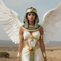 beautiful sultry egyptian priestess wearing white dove wings, warframe armor, regal, attractive, ornate, sultry, pretty face, green eyes is represented by peter mohrbacher, art nouveau, landscape, cinematic