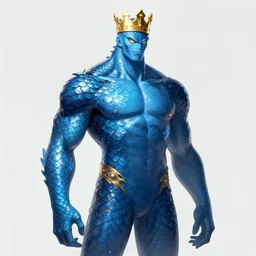 a a tall blue man with scales and very short arms wearing a golden crown, by craola and tooth wu, concept art, digital illustration, trending on artstation