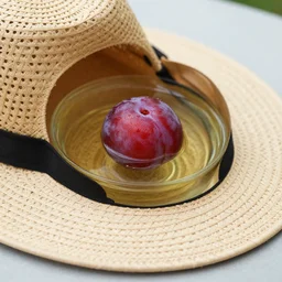 a single plum floating in perfume served in a man's hat