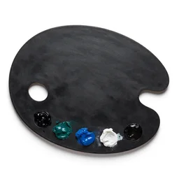 matte black artist palette with paint, high detail macro photography, isolated on a pure white background, centered, entire object in frame, sharp focus, soft studio lighting