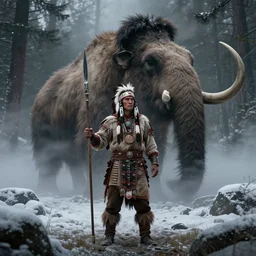 native american warrior holding a spear, woolly mammoth emerging from fog, snowy forest, dramatic, cinematic, artstation, realistic photograph, ambient, dark shades of colors, unreal engine 5, rendered by octane