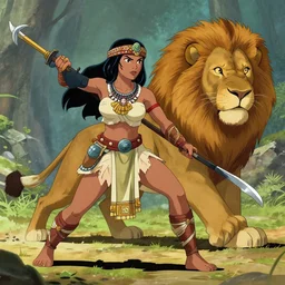 a lone female mayan warrior battles a lion by genndy tartakovsky