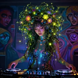 anime dj girl electronic circuitry, with fireflies with a thick mane of bioluminescent vines and flowers, glitter, fractals, by scott uminga and chris dyer and alex grey street art, trending on artstation, dramatic lighting, octane render, weta digital, trending on deviant art, deepdream, ray trace
