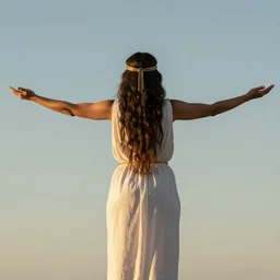 a incan priestess, seen from behind, with arms wide open in front of the sky, symetrical, art by greg rutkowski