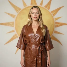 beautiful Margot Robbie in a Solarpunk leather robe, accurate anatomy, abstract sun in background, shiny soft skin, soft lighting, sharp details, warm colors, full body portrait, 35 mm film, subsurface scattering, lens flare