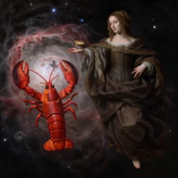a closeup portrait of a cloaked woman floating next to a lobster nebula, lobster nebula, by jan van eyck
