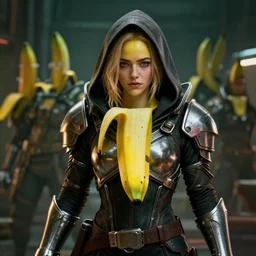 cyberpunk 2 0 7 7, an anthromorphoic banana character that has the face of emma stone - mage portrait, clothed in hooded, metal - plated battle armor atmospheric lighting painted intricate volumetric lighting, beautiful, sharp focus, ultra detailed by leesha hannigan, ross tran, thierry doizon, kai carpenter, ignacio fernandez rios