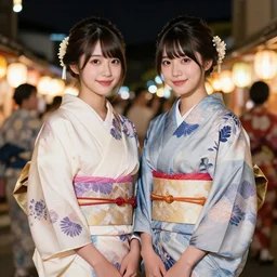 two beautiful fashion taiwan girl wear elegant yukata in festival | | big eyes, summer night, realistic shaded, smile, good looking, fine details, 4 k realistic, cryengine, realistic shaded lighting poster by greg rutkowski, magali villeneuve, artgerm, jeremy lipkin and michael garmash and rob rey