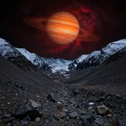 A rocky valley surrounded by snow-capped mountains, nighttime, orange gas giant, red nebula, no clouds, sci-fi, photorealistic, landscape