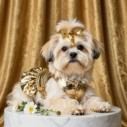 a cream - colored havanese dog wearing a slinky metallic dress with ornate midcentury geometric gold headpiece, resting against a small marble pedestal with flowers loosely arranged, sultry look, gold curtain background, magazine photo by david lachapelle