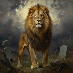 full body portrait of lion barbarian,  extreme very textured detailed portrait oil painting by rembrandt,   graveyard in background , strong backlight , dramatic clouds and  mystic atmosphere