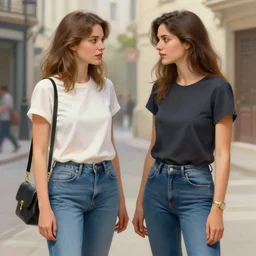 two women talking on the street, contemporary setting, wearing jeans and tee shirt, ultra realistic illustration, intricate, elegant, highly detailed, digital painting, artstation, concept art, smooth, sharp focus, illustration, art by artgerm and greg rutkowski and alphonse mucha