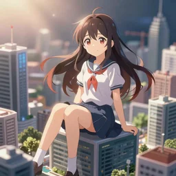 Key Anime Visual a macro anime girl sitting on a miniature city, official modern anime