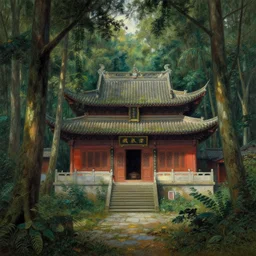 forest, temple, taoism, painting by greg rutkowski, j. c. leyendecker, artgerm