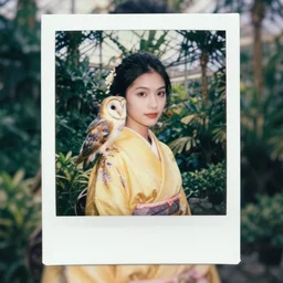 head to shoulder portrait Polaroid film photograph of an elegant top model wearing a yellow kimono with a very detailed barn owl on her shoulder!!! in a tropical greenhouse. looking at the camera!!. super resolution. Polaroid 600 film. art by Alessio albi and ashley wood and Edmund Blair Leighton
