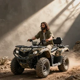 jesus driving a camo atv