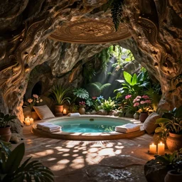 cozy bathhouse hidden in a cave, candlelight, low ceiling, towels, cushions, natural light, lush plants and flowers, elegant, intricate, fantasy, atmospheric lighting,