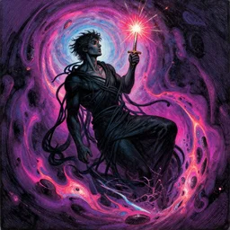 a true hero, sinking, wrapped in black, clutching a hopespark dagger in the drifting voids. Fantasy Tron sci-fi illustration, vibrant neon inks painting, by Edvard Junjiito Picasso and Gustave Dore and Carl Critchlow