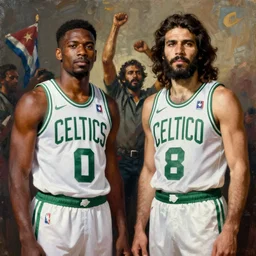 jaylon brown as fidel castro and jayson tatum as che guevara both standing, two celtics players, jaylen brown, jayson tatum, cuban revolution, oil on canvas by Edward Robert Hughes, digital art, trending on artsation, octane render