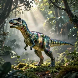 a hologram of a dinosaur in the jungle with fog