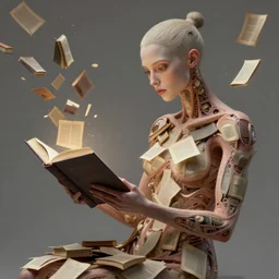 epic professional digital art of a androginous reading a book, books coming up from inside her body, inside her arms, by leesha hannigan, iris van herpen, artstation, cgsociety, wlop, epic, much wow, much detail, gorgeous, detailed, masterpiece