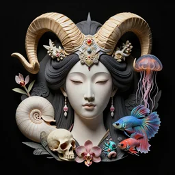 fully black background. background hex 000000. goddess princess face close-up portrait ram skull. japanese coloured paper bas relief paper sculpture. jellyfish phoenix head, nautilus, orchid, skull, betta fish, bioluminiscent creatures, intricate artwork by Tooth Wu and wlop and beeple. octane render, trending on artstation, greg rutkowski very coherent symmetrical artwork. cinematic, hyper realism, high detail, octane render, 8k