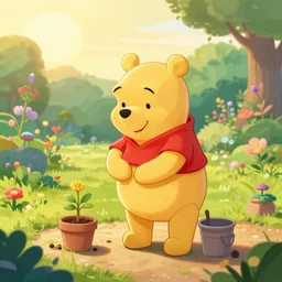 Winnie the pooh gardening a botanical garden on sunrise
