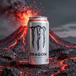 one aluminium can of a dragon-flavored energy drink, professional studio photography, erupting volcano background, red lava sprinkles, packshot