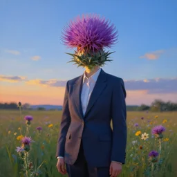 portrait, grande thistle flower under head, a girl in a suit in field of flowers, surreal photography, sunrise, blue sky, dramatic light, impressionist painting, digital painting, artstation, simon stalenhag