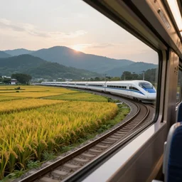 epic rice fields and mountains octane render beautiful render global illumination view from inside the high speed train of taichung, taiwan, 6 pm sun
