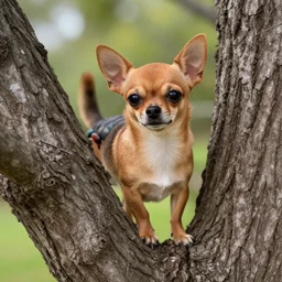 “ a brown chihuahua dog that looks like a scorpion, in a tree, photo, realistic ”