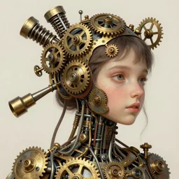 cyborg girl, clockwork, springs, pistons, gears, wind - up parts, steampunk,, detailed study, realism, 1 6 f, focus on the girl, cute face, art by artgerm and greg rutkowski and alphonse mucha gabrielle rossetti