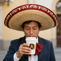 ( coffee cup ) wearing a [ sombrero ], photograph,