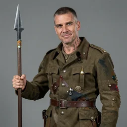 amiddle aged halforc wearing a patchwork military uniform jacket with cut sleeves and many charms and baubles worked into the fabric, with an upturned collar. thin fangs show through his lower jaw with a bemused smile. blue grey intelligent eyes. one hand is replaced by a short jagged javelin, subtlety shaped as a lightning bolt. on his neck and arms are a number of orcish rune tattoos. 1 9 th century