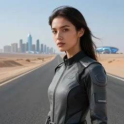 photograph of a techwear woman, closeup, on a desert road with a futuristic city in the horizon, one point perspective, long exposure, sigma 85mm f/1.4, 4k, depth of field, high resolution, 4k, 8k, hd, full color