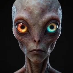 portrait of a space alien, varying detailed skin, octane render, eyes glowing with alternating rings of high contrast colors intermittent with black strips where their frequency changes approaching the cornea, realistic render, detailed, ugly, slimy unreal engine, symmetrical!!, greg rutkowski and ruan jia, cinematic