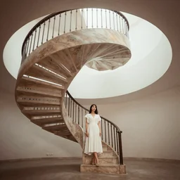 two elegant spiral staircases rise up to a landing,  a beautiful girl wearing a white dress, stands at the bottom of the staircase